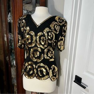 Vintage Silk Black and Gold Sequin Floral Blouse with scalloped hem